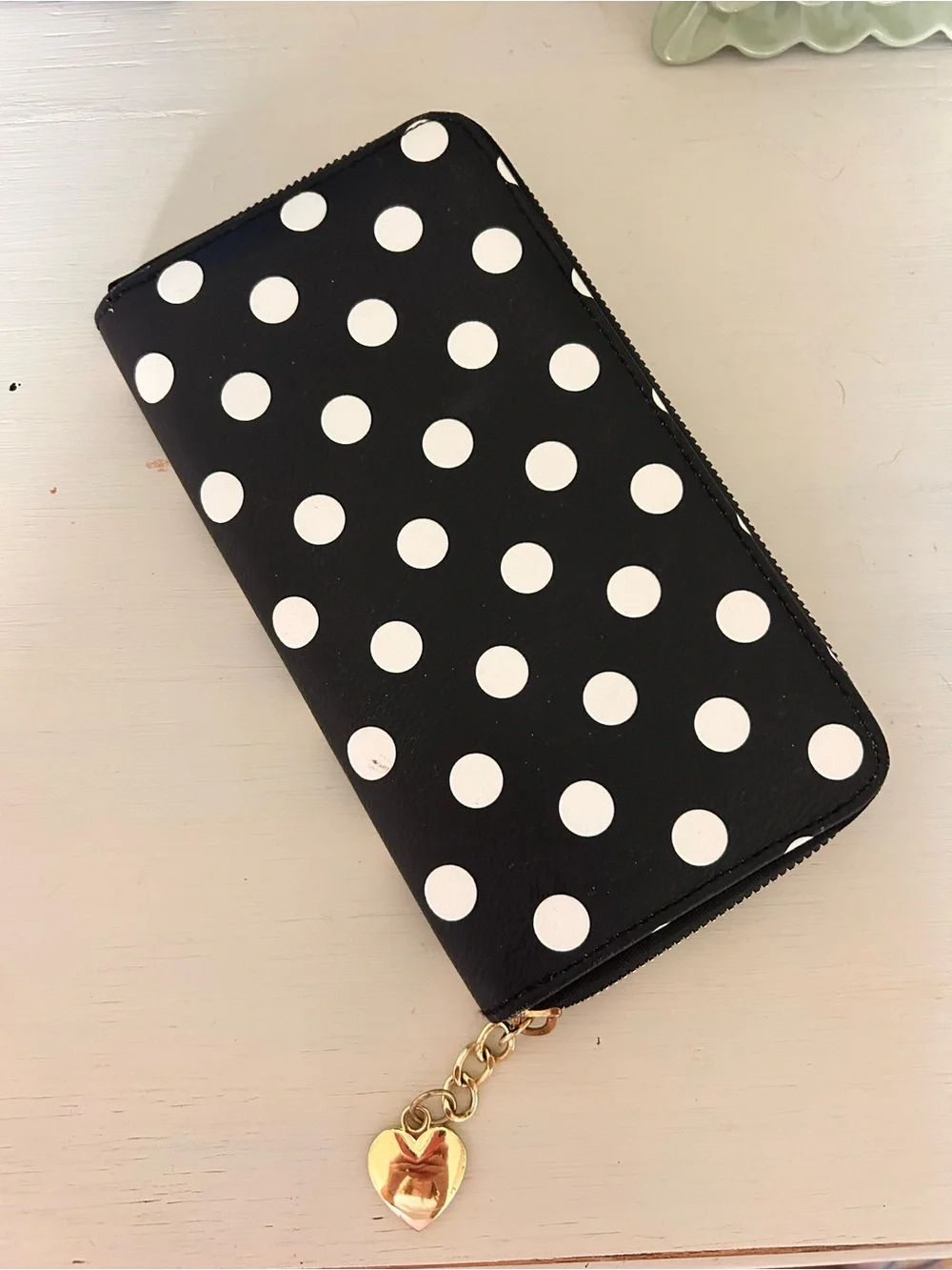 Black & White Polka Dot Zip Wallet with Gold Heart Charm